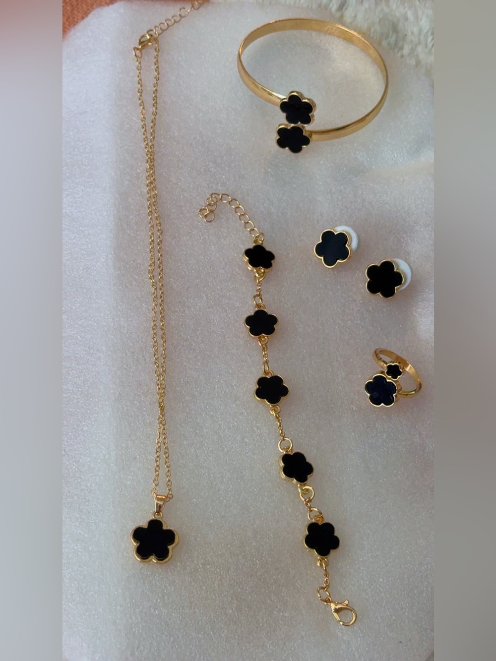 Gold-Tone Black Clover Flower Jewelry Set - Necklace, Bracelet, Earrings, Ring